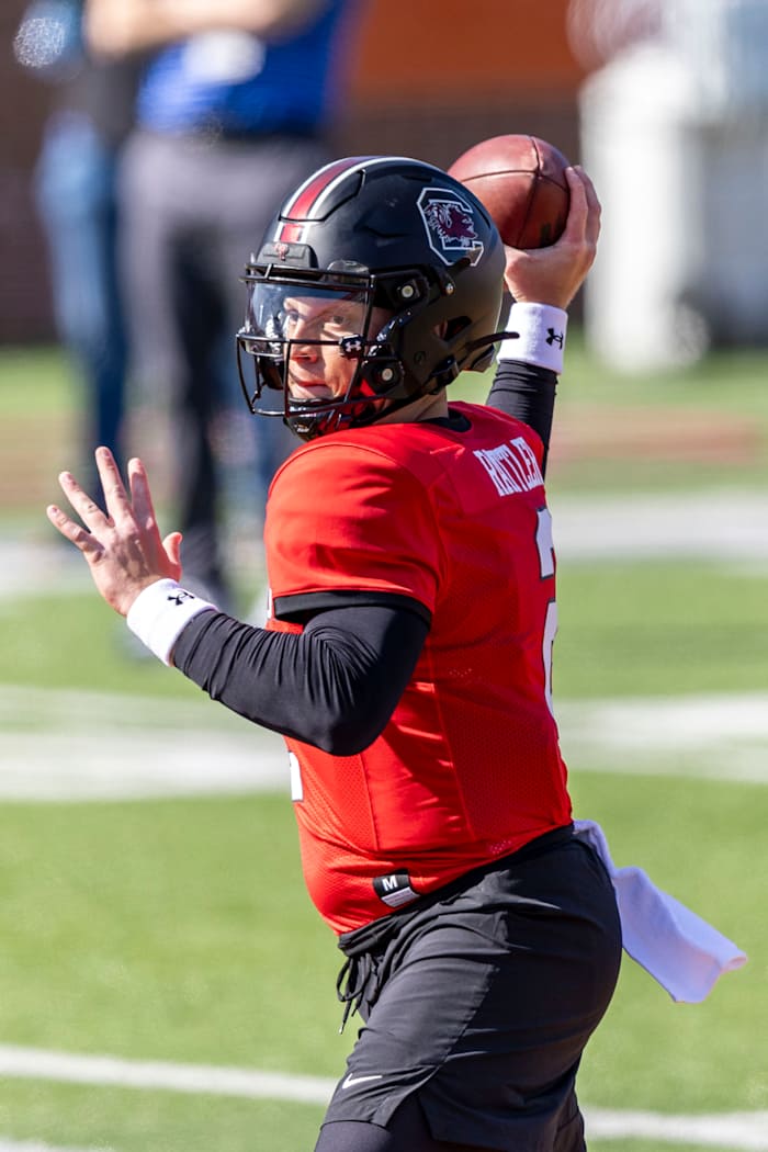 Former South Carolina QB Spencer Rattler throwing the football in Monday's Reese's Senior Bowl practice session (30th Jan., 2024)